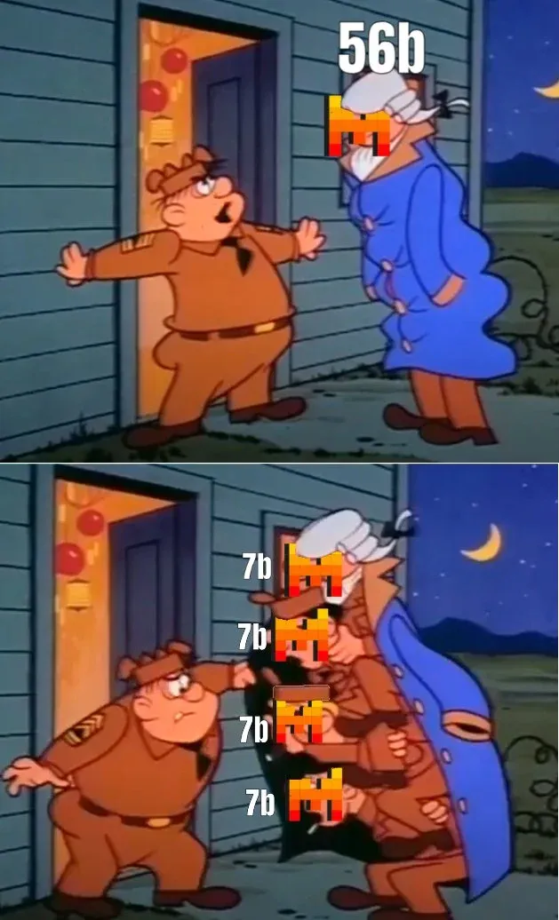Two-panel meme: a figure labeled 56b is stopped at a door, then revealed to be several smaller figures labeled 7b wearing one coat
